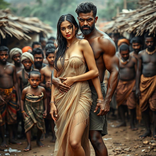 A hot, sultry couple posing for a full-length photoshoot in a vibrant tribal village setting