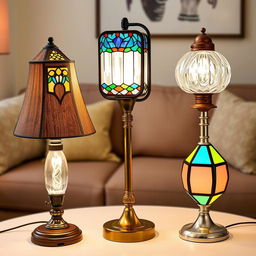 A collection of decorative table lamps displayed beautifully, featuring various styles and designs such as vintage, modern, and industrial