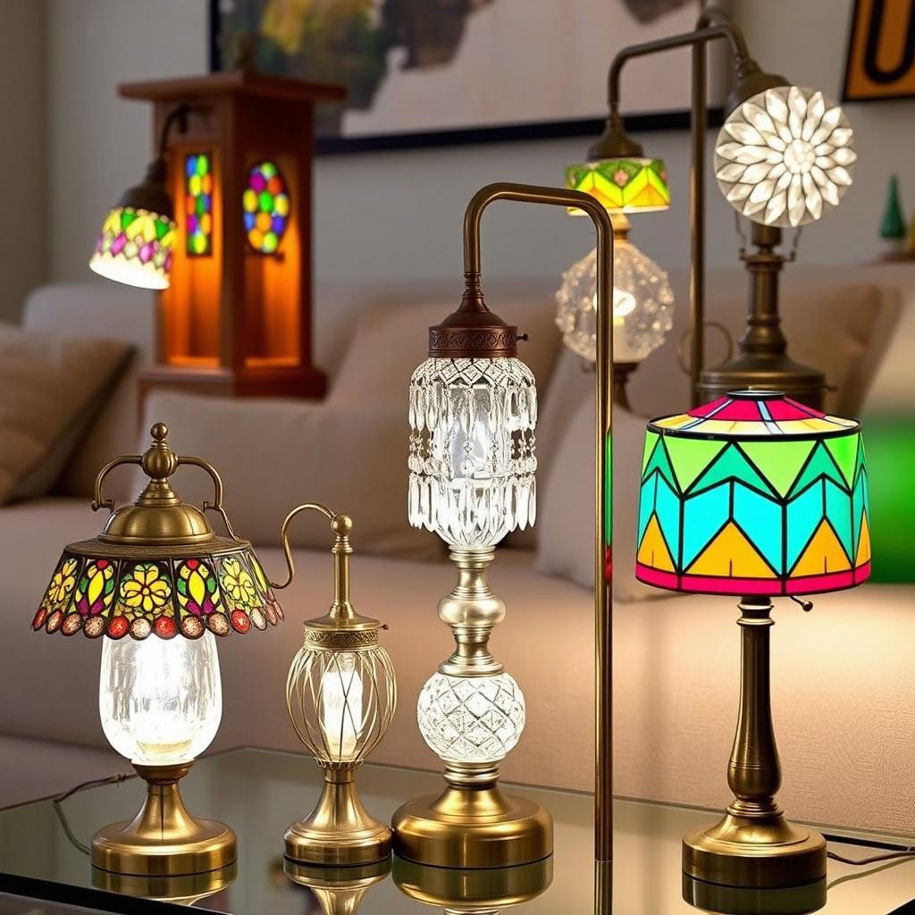 A collection of decorative table lamps displayed beautifully, featuring various styles and designs such as vintage, modern, and industrial