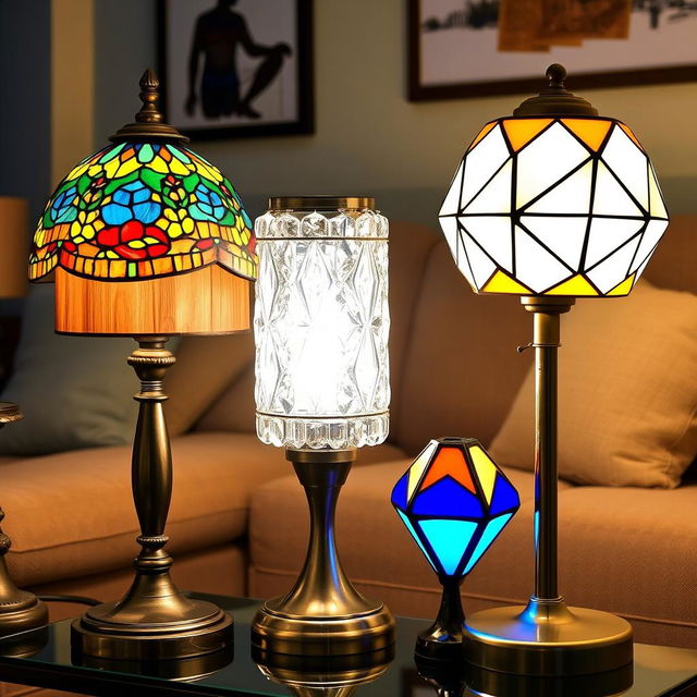 A collection of decorative table lamps displayed beautifully, featuring various styles and designs such as vintage, modern, and industrial