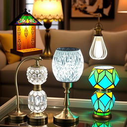 A collection of decorative table lamps displayed beautifully, featuring various styles and designs such as vintage, modern, and industrial