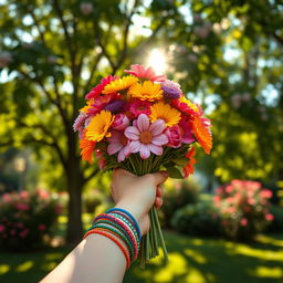 A dynamic close-up view of a short arm holding a vibrant bouquet of flowers