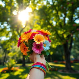 A dynamic close-up view of a short arm holding a vibrant bouquet of flowers