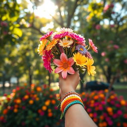 A dynamic close-up view of a short arm holding a vibrant bouquet of flowers