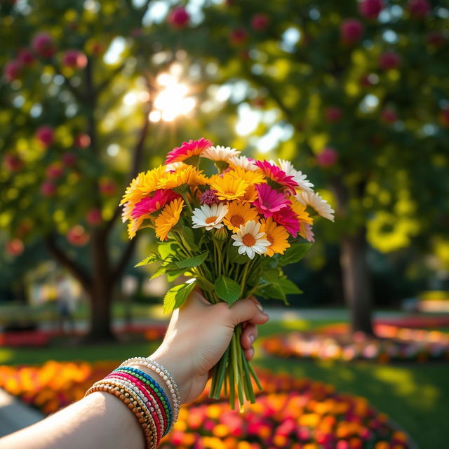 A dynamic close-up view of a short arm holding a vibrant bouquet of flowers