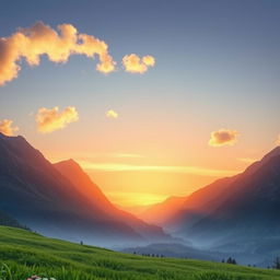 A serene landscape featuring majestic mountains with smooth, gentle slopes and a beautifully vibrant sky