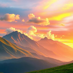 A serene landscape featuring majestic mountains with smooth, gentle slopes and a beautifully vibrant sky