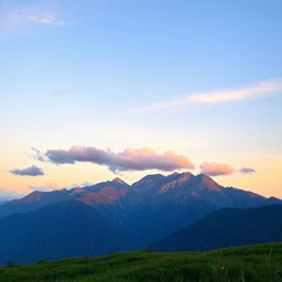 A serene landscape featuring majestic mountains with smooth, gentle slopes and a beautifully vibrant sky