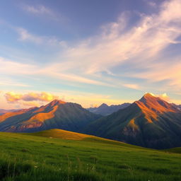A serene landscape featuring majestic mountains with smooth, gentle slopes and a beautifully vibrant sky