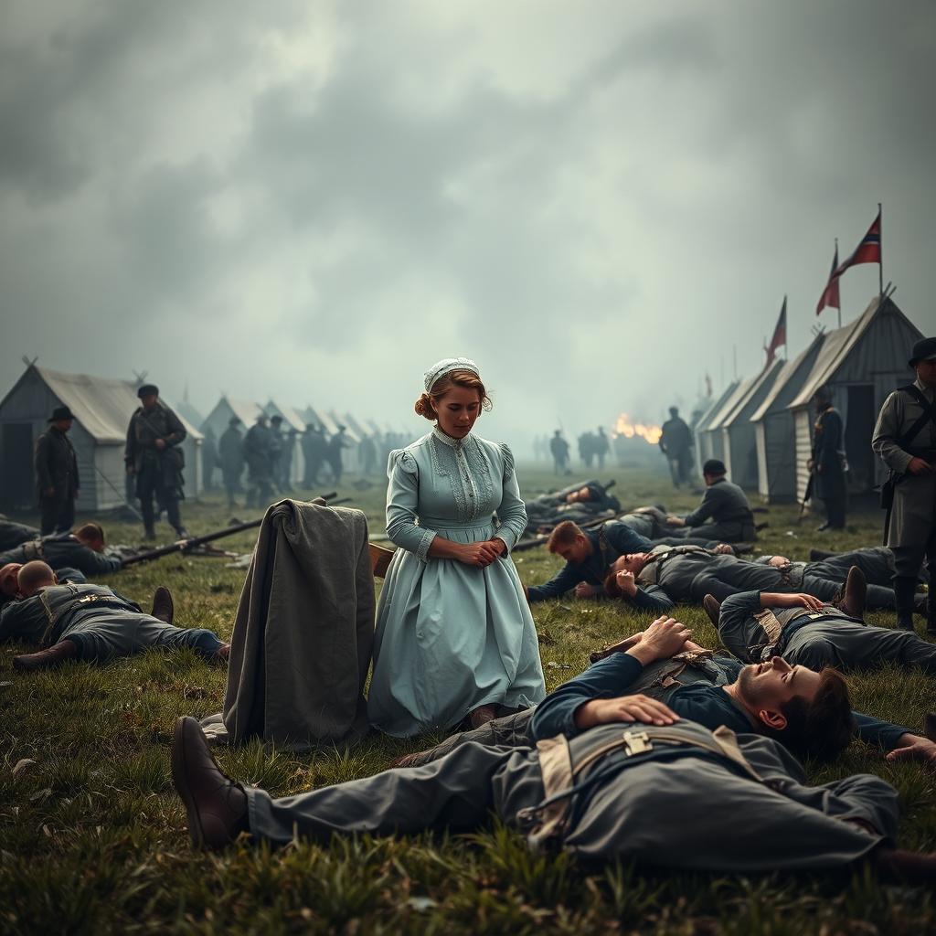 A dramatic scene depicting a courageous nurse named Clara on a Civil War battlefield, surrounded by chaos and desperation
