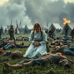 A dramatic scene depicting a courageous nurse named Clara on a Civil War battlefield, surrounded by chaos and desperation
