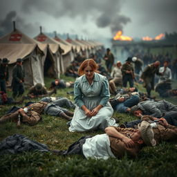 A dramatic scene depicting a courageous nurse named Clara on a Civil War battlefield, surrounded by chaos and desperation