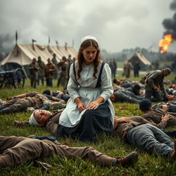 A dramatic scene depicting a courageous nurse named Clara on a Civil War battlefield, surrounded by chaos and desperation