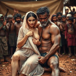 A hot, sultry couple captured in a full-length photoshoot in a vibrant, dirty tribal village setting