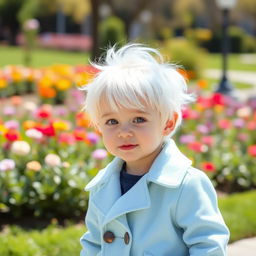 A young child with striking white hair wearing a stylish light blue coat, standing in a bright, cheerful environment