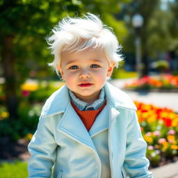 A young child with striking white hair wearing a stylish light blue coat, standing in a bright, cheerful environment