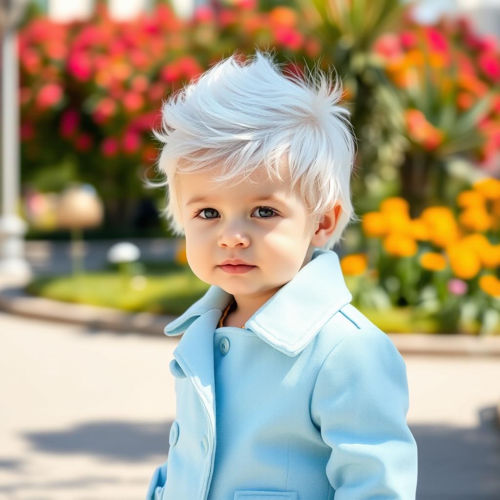 A young child with striking white hair wearing a stylish light blue coat, standing in a bright, cheerful environment