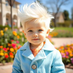 A young child with striking white hair wearing a stylish light blue coat, standing in a bright, cheerful environment