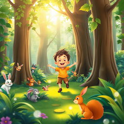 A colorful and vibrant cartoon scene featuring a young boy playing in a lush, green forest