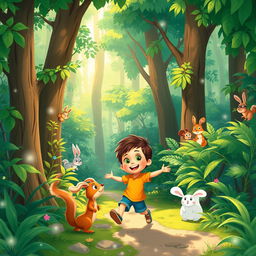 A colorful and vibrant cartoon scene featuring a young boy playing in a lush, green forest
