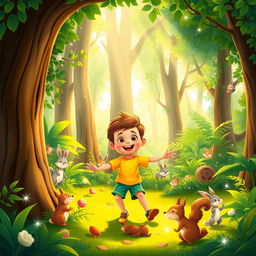 A colorful and vibrant cartoon scene featuring a young boy playing in a lush, green forest