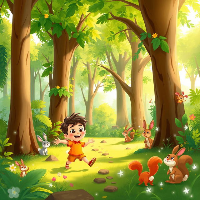 A colorful and vibrant cartoon scene featuring a young boy playing in a lush, green forest