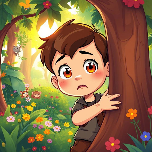 A cartoon-style illustration featuring a young boy in a vibrant, colorful forest