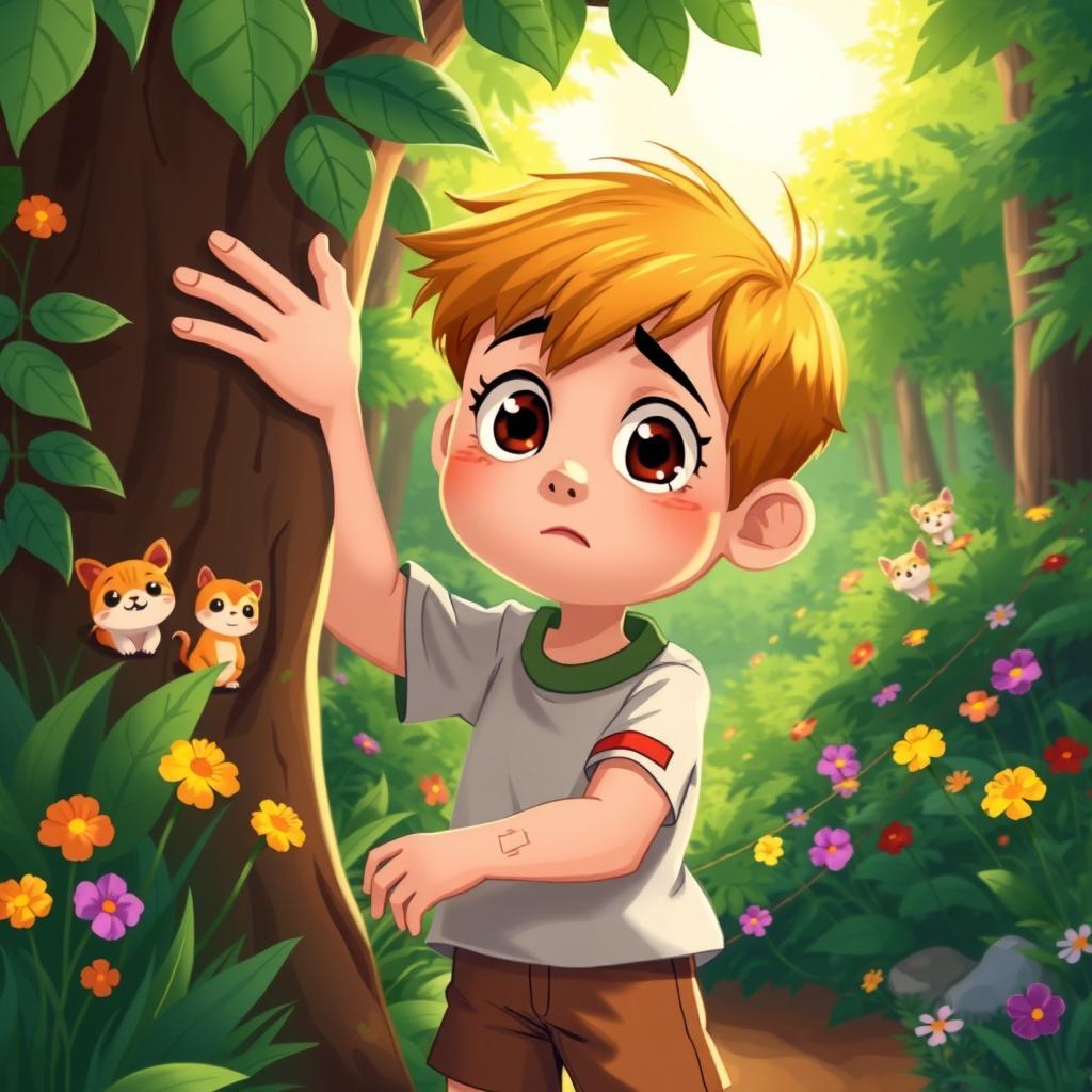 A cartoon-style illustration featuring a young boy in a vibrant, colorful forest