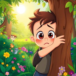 A cartoon-style illustration featuring a young boy in a vibrant, colorful forest