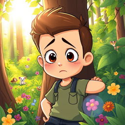 A cartoon-style illustration featuring a young boy in a vibrant, colorful forest