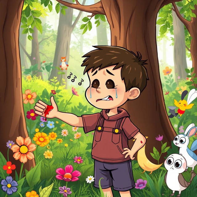 A cartoon boy in a vibrant forest, playfully reaching out and touching a tree, accidentally giving himself a small scrape