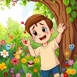 A cartoon boy in a vibrant forest, playfully reaching out and touching a tree, accidentally giving himself a small scrape