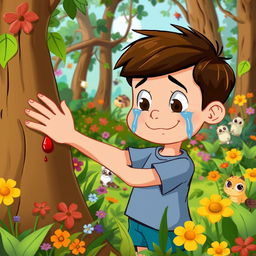A cartoon boy in a vibrant forest, playfully reaching out and touching a tree, accidentally giving himself a small scrape