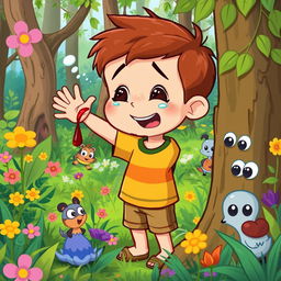 A cartoon boy in a vibrant forest, playfully reaching out and touching a tree, accidentally giving himself a small scrape