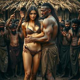 A hot, sultry couple featured in a full-length photoshoot set against a rustic tribal village backdrop