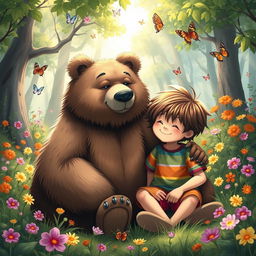 A kind bear comforting a young boy, set in a whimsical forest clearing filled with vibrant flowers and soft sunlight filtering through the trees
