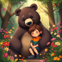 A kind bear comforting a young boy, set in a whimsical forest clearing filled with vibrant flowers and soft sunlight filtering through the trees