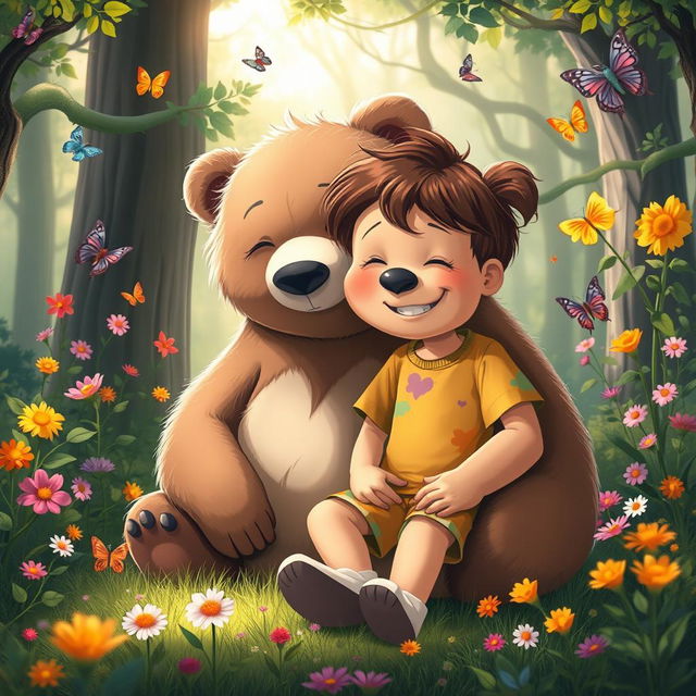 A kind bear comforting a young boy, set in a whimsical forest clearing filled with vibrant flowers and soft sunlight filtering through the trees