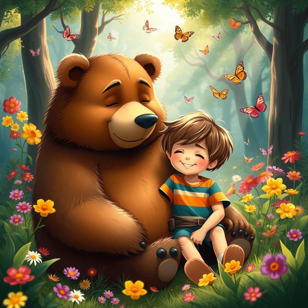 A kind bear comforting a young boy, set in a whimsical forest clearing filled with vibrant flowers and soft sunlight filtering through the trees