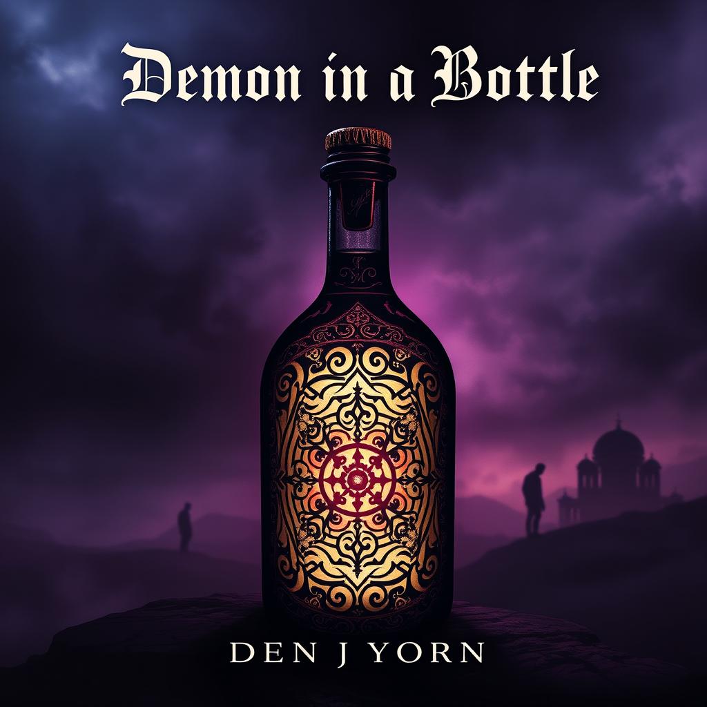 An intriguing book cover design featuring a mysterious, ornate bottle that glows with a dark light, symbolizing the demon contained within