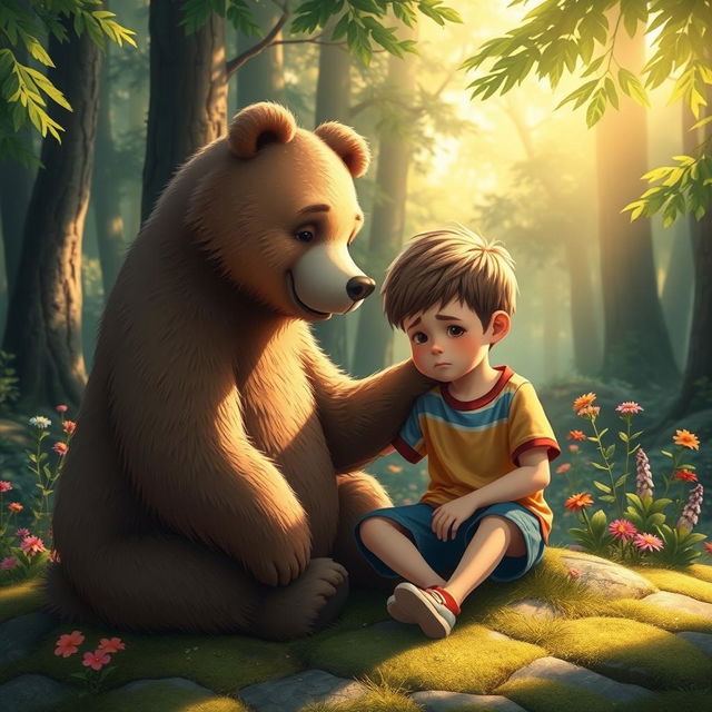 A kind bear comforting a young boy, set in a serene forest environment