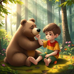 A kind bear comforting a young boy, set in a serene forest environment