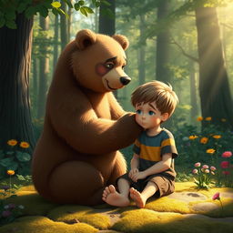 A kind bear comforting a young boy, set in a serene forest environment