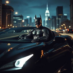 Batman sitting inside a black Peugeot Pars, wearing his iconic suit with a dramatic city skyline in the background