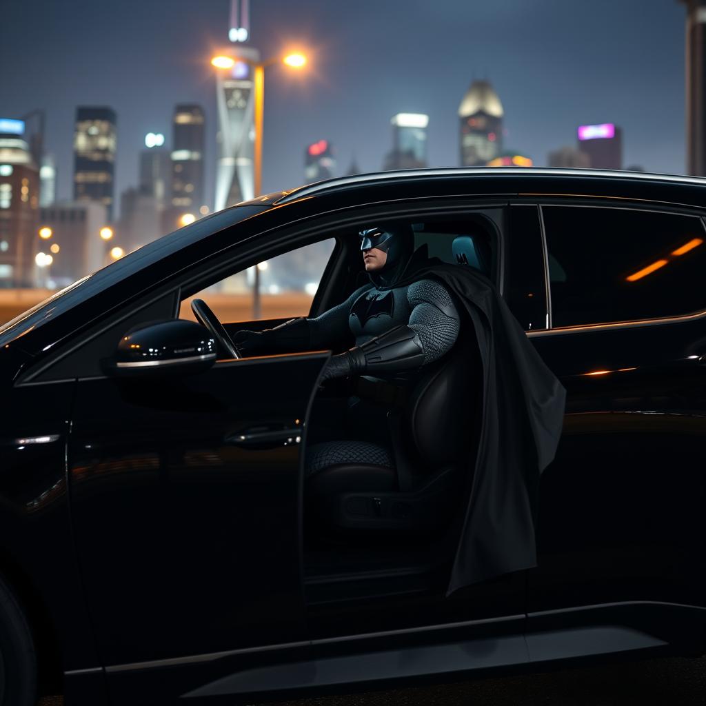 Batman sitting inside a black Peugeot Pars, wearing his iconic suit with a dramatic city skyline in the background