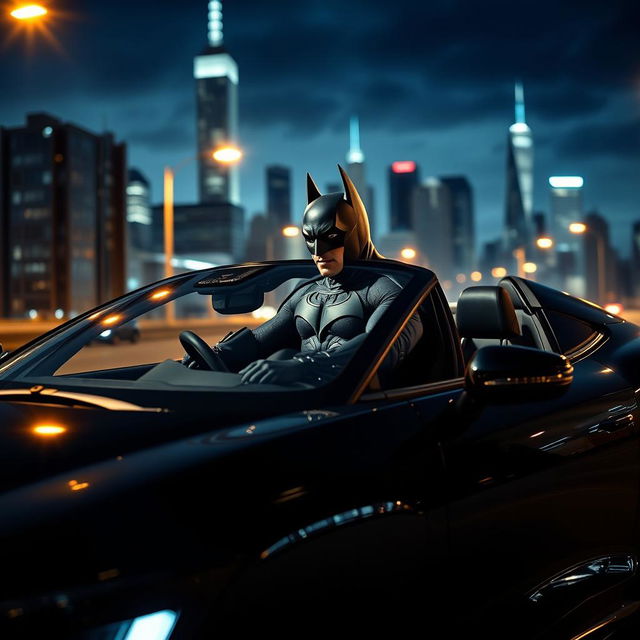 Batman sitting inside a black Peugeot Pars, wearing his iconic suit with a dramatic city skyline in the background