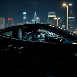 Batman sitting inside a black Peugeot Pars, wearing his iconic suit with a dramatic city skyline in the background