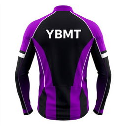 A stylish riding jersey featuring a vibrant purple and black color scheme