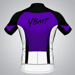 A stylish riding jersey featuring a vibrant purple and black color scheme