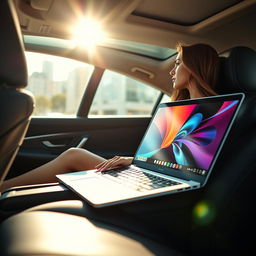 A sleek, modern laptop resting on the passenger seat of a stylish car, with a beautiful young woman sitting in the driver's seat